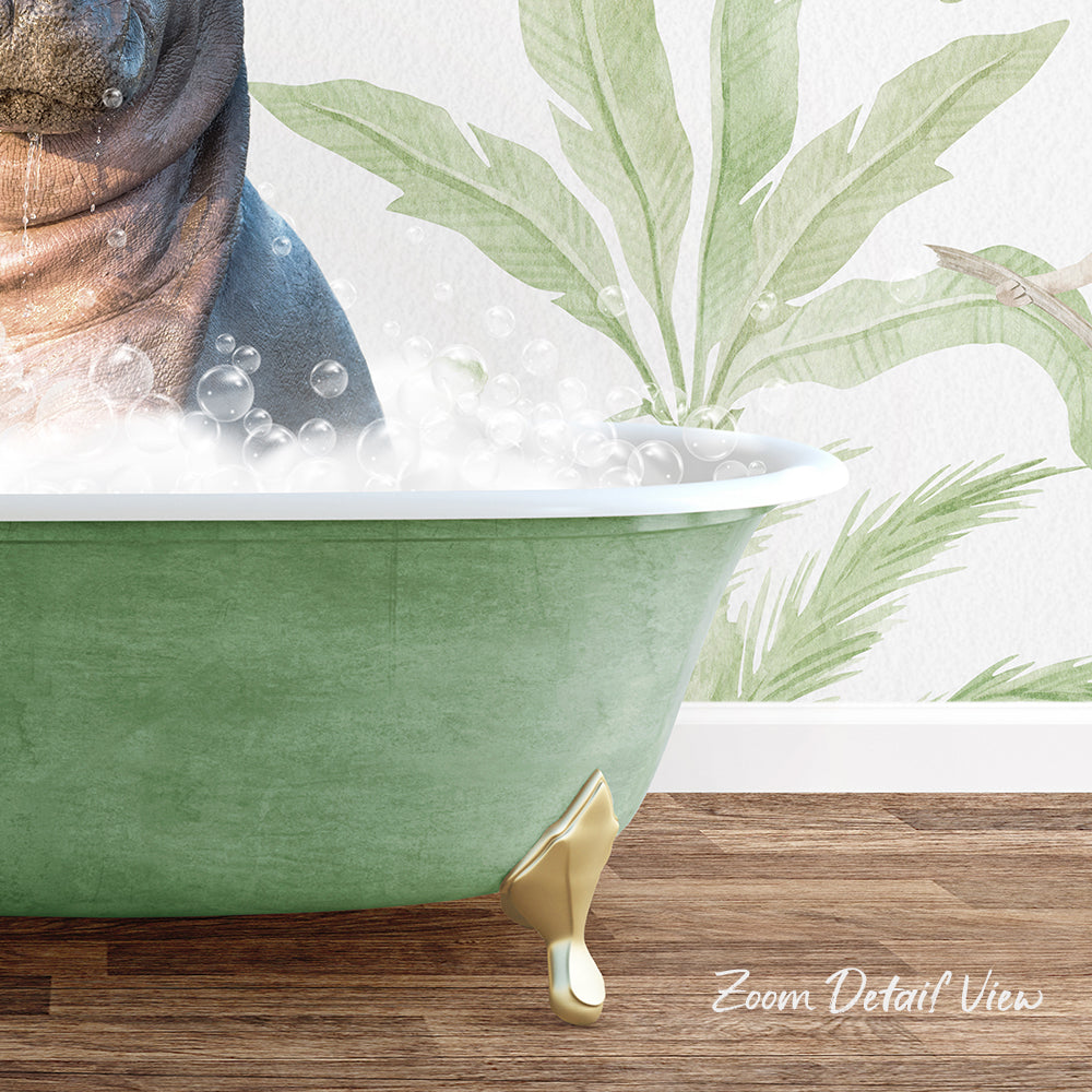 A green claw-foot bathtub filled with bubbles, with a palm tree wallpaper in the background.