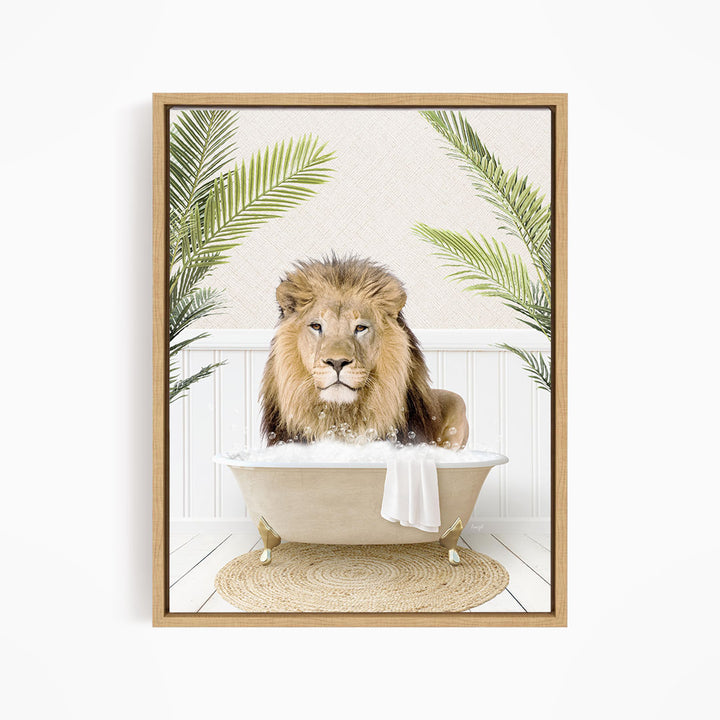 A lion is sitting in a bathtub filled with water, surrounded by palm leaves.