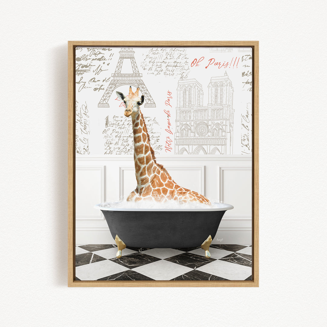 A giraffe sitting in a bathtub, surrounded by a checkered floor and a wall with the Eiffel Tower and other architectural drawings.