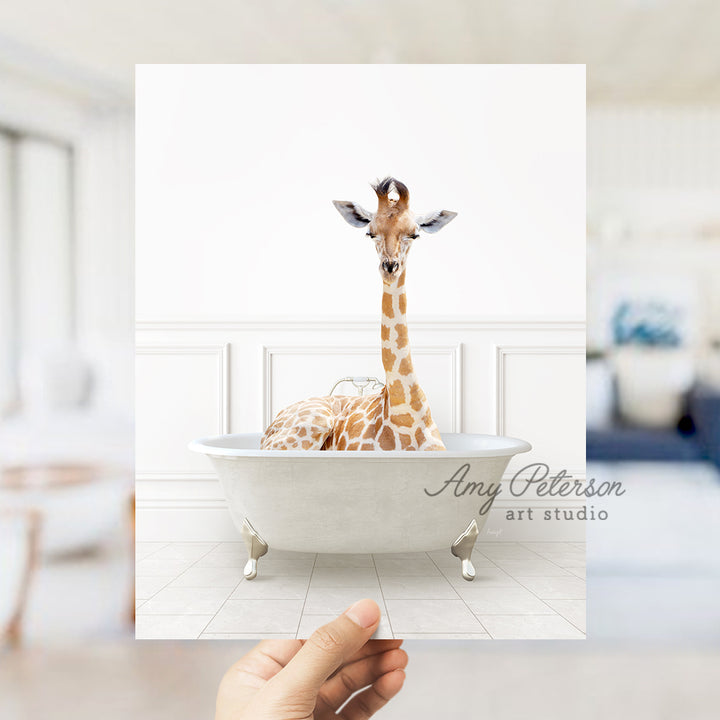 a giraffe sitting in a bathtub with its head above the edge of