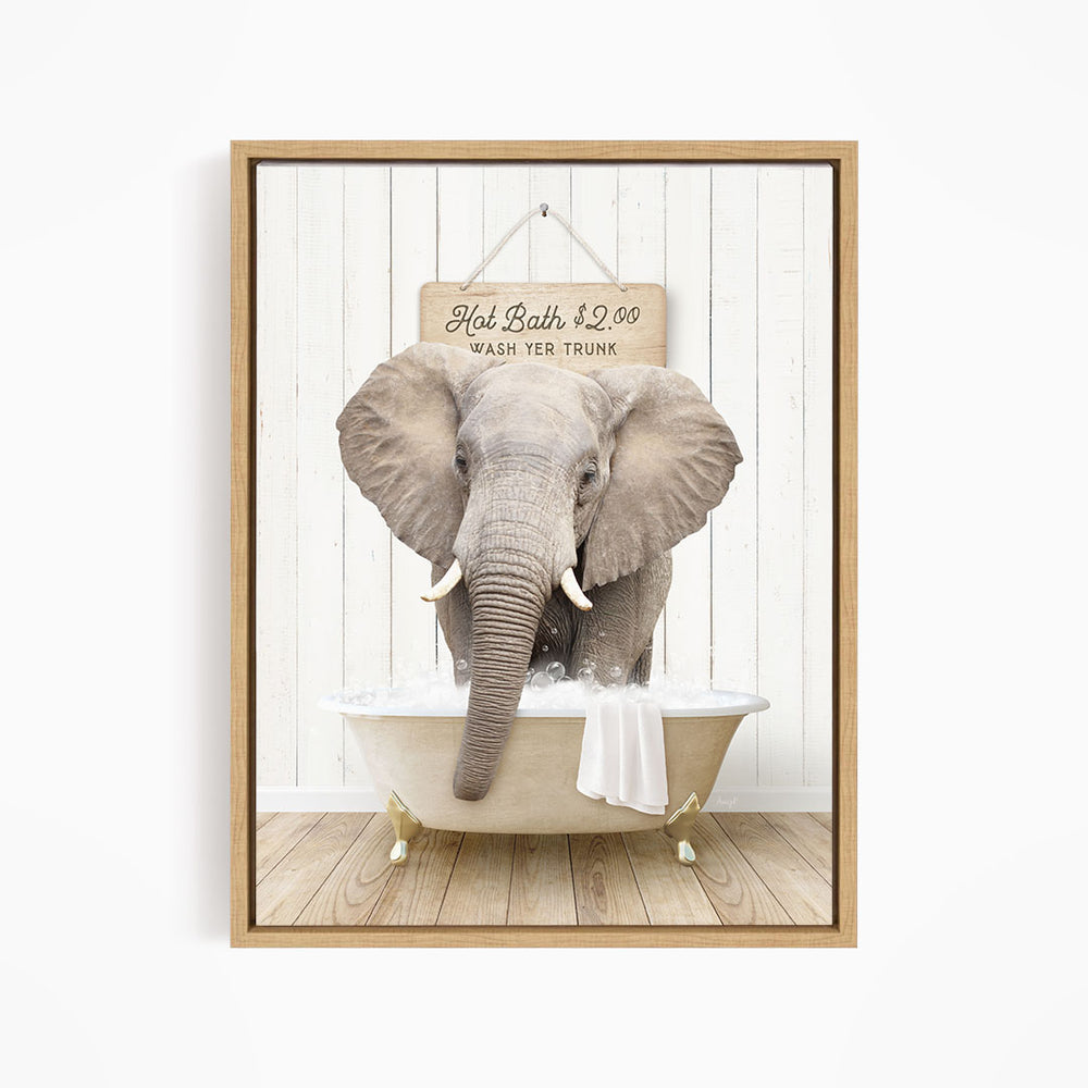 A gray elephant is sitting in a bathtub filled with water, with a sign above it that reads "Hot Bath $2.00 WASH YOUR TRunk".