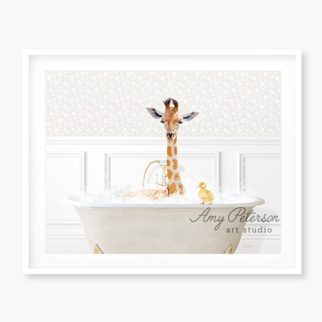 a giraffe in a bathtub with a rubber duck