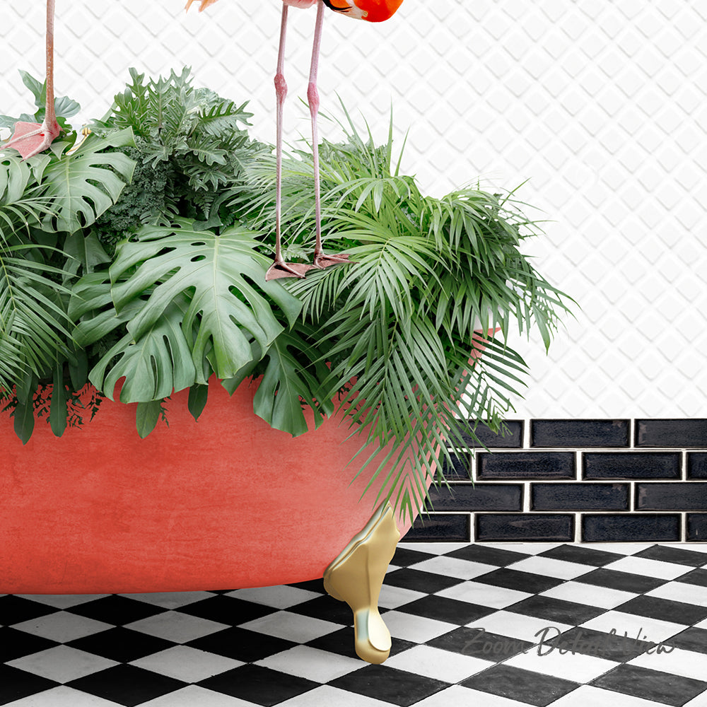 A vibrant red bathtub filled with lush green plants and palm fronds, with a pair of flamingos perched on the rim.