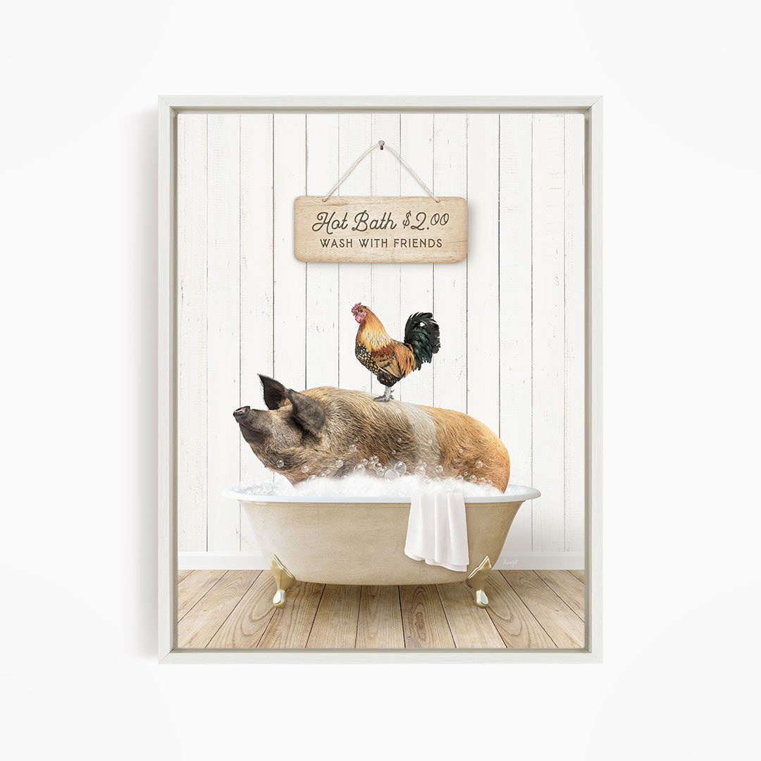 A pig sitting in a bathtub, with a rooster perched on its back, and a sign above the bathtub that reads "Hot Bath $2.00 WASH WITH FRIENDS".