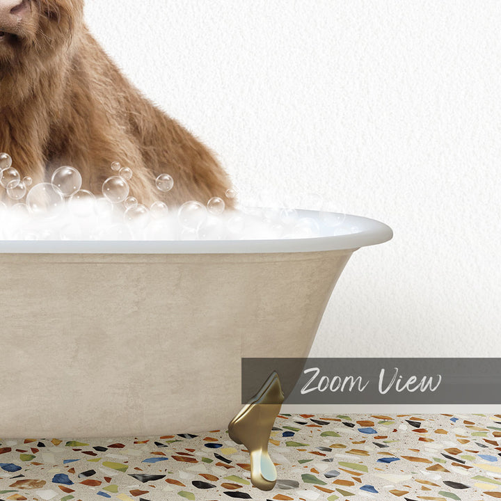 A close-up of a dog's head peeking out of a bathtub filled with bubbles, with a text overlay that reads "Zoom View".