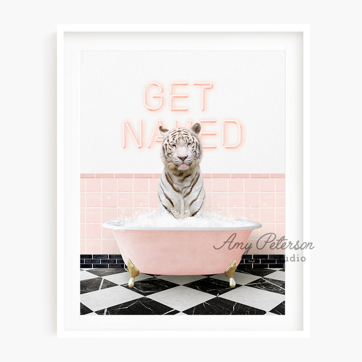 a white tiger sitting in a pink bath tub