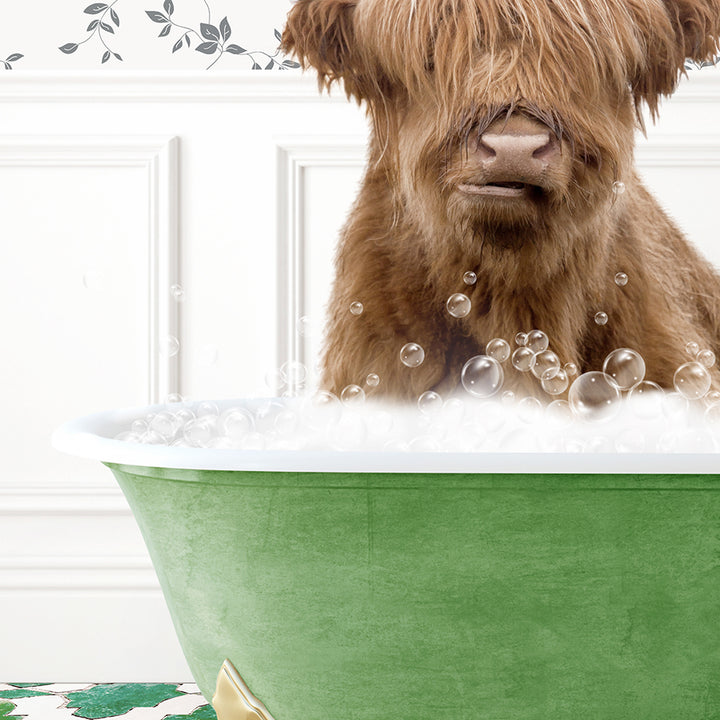 a shaggy dog sitting in a green bath tub filled with bubbles