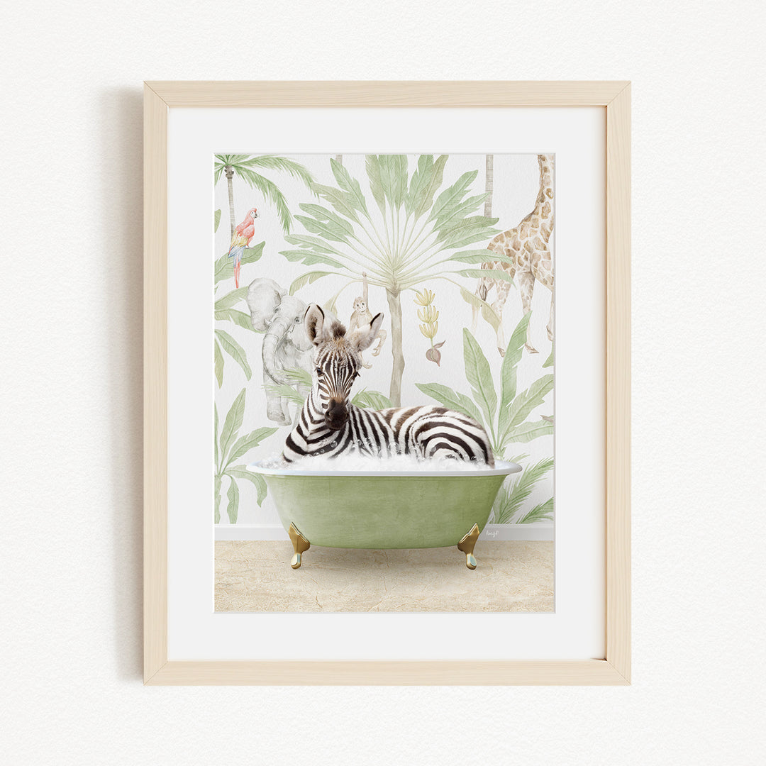 A zebra is sitting in a green bathtub, surrounded by a tropical jungle scene with various animals, including giraffes and elephants.