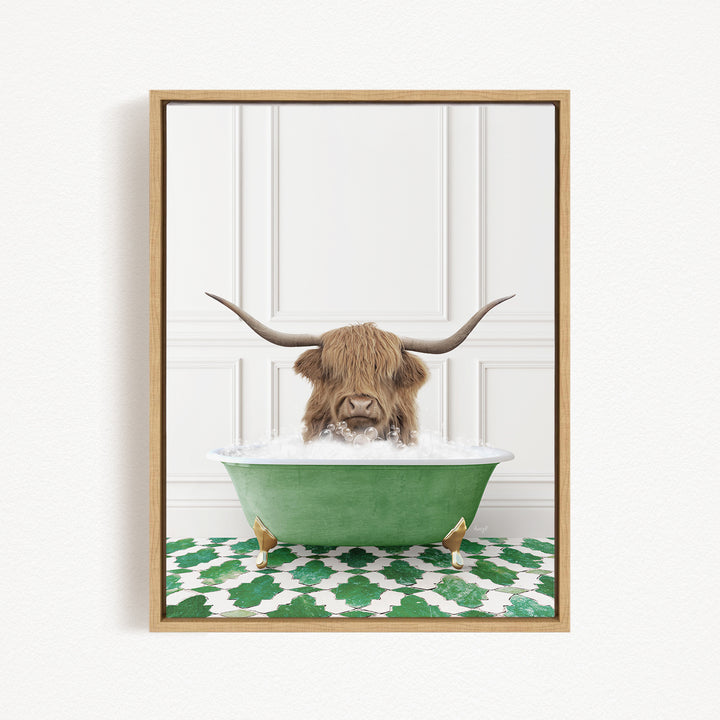 A Highland cow with large horns is sitting in a green bathtub filled with water, creating a whimsical and playful scene.
