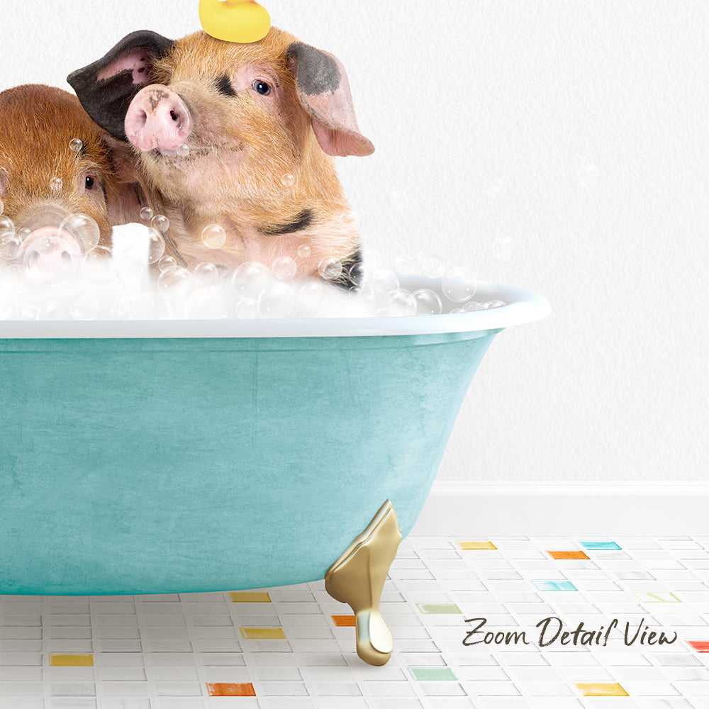 A pair of pigs sitting in a blue bathtub filled with bubbles, with one pig wearing a yellow hat.