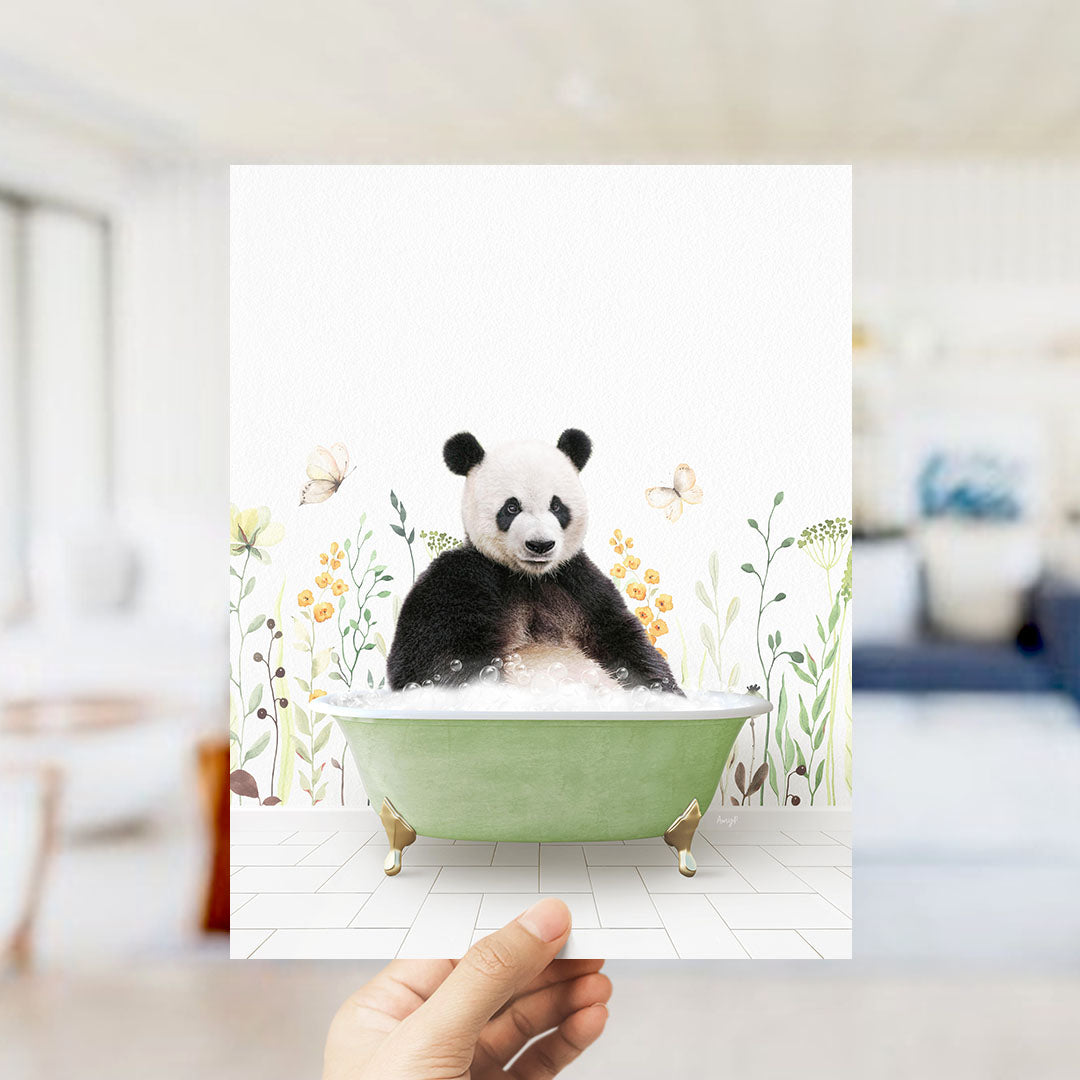 A panda bear sitting in a green bathtub filled with bubbles, surrounded by flowers and butterflies.