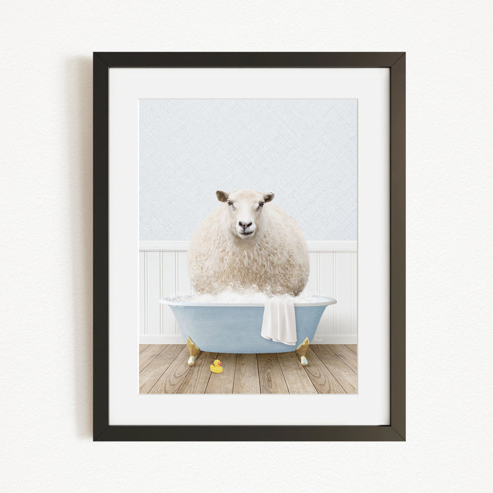 A fluffy white sheep sits in a blue bathtub, surrounded by yellow rubber duckies, creating a whimsical and playful scene.