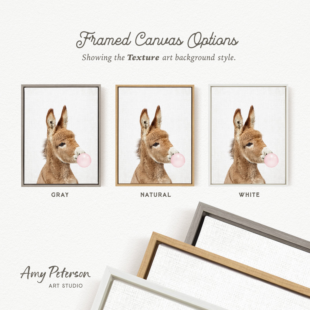 three framed canvas options, each featuring a donkey blowing a bubble with a different colored bubble gum. The options are labeled as "GREY," "NATURAL," and "WHITE."