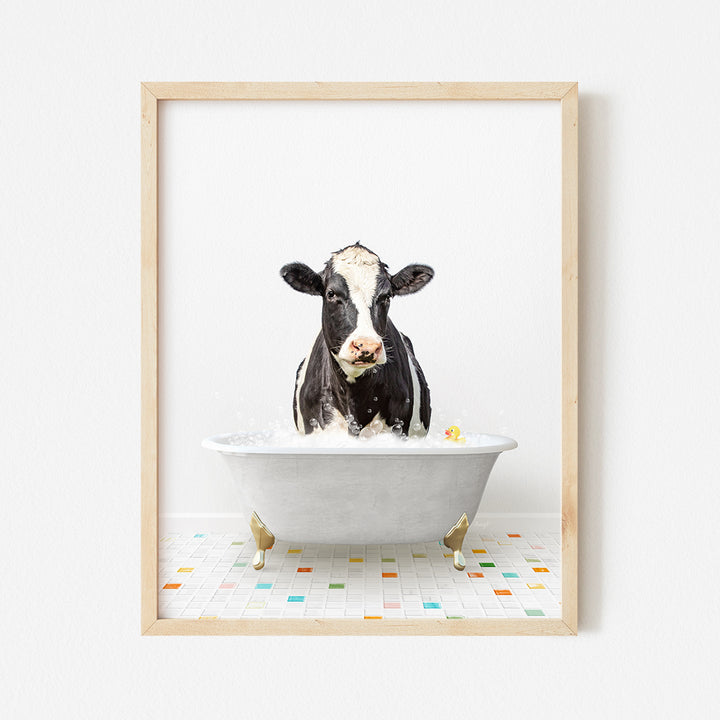 a cow is taking a bath in a bathtub