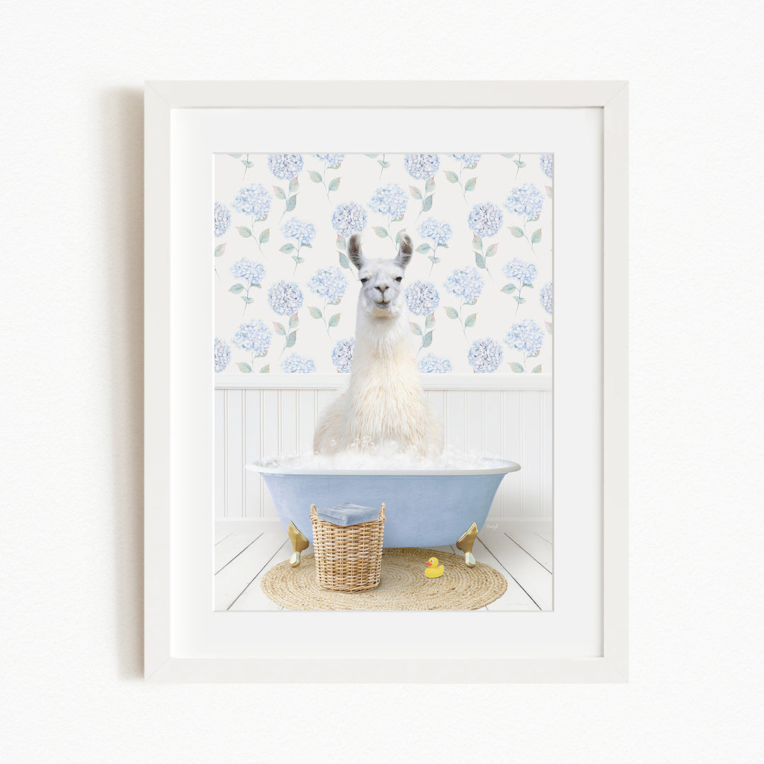 A white llama sitting in a blue bathtub filled with bubbles, surrounded by a white floral wallpaper and a basket of rubber ducks.