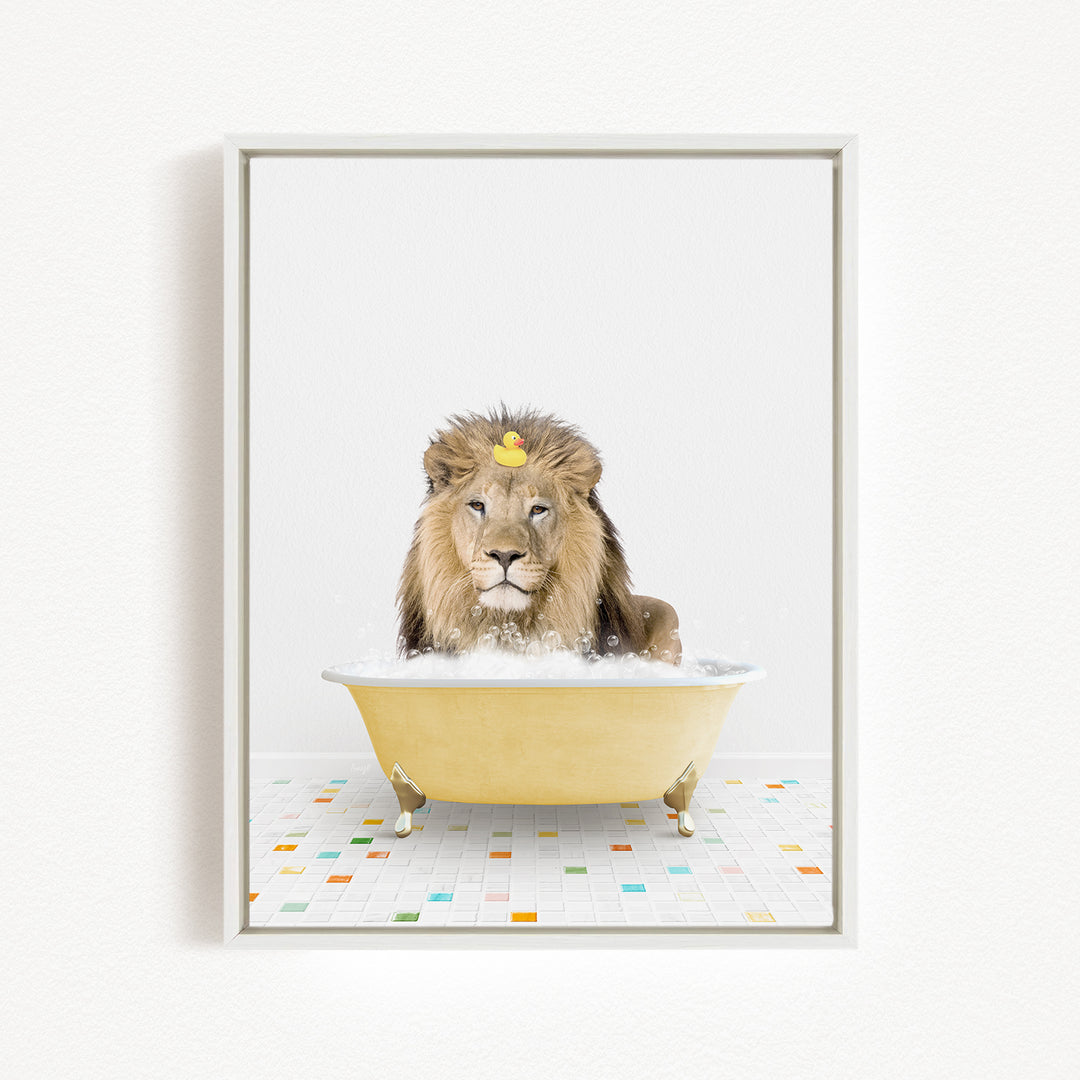 A lion sitting in a yellow bathtub filled with bubbles, with a rubber duck floating on its head.