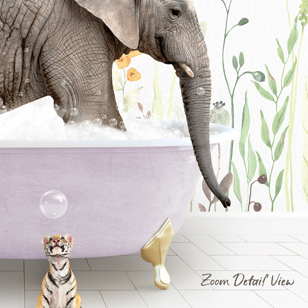 A tiger sits on the floor, watching an elephant taking a bath in a large purple bathtub, with a floral pattern on the wall behind them.