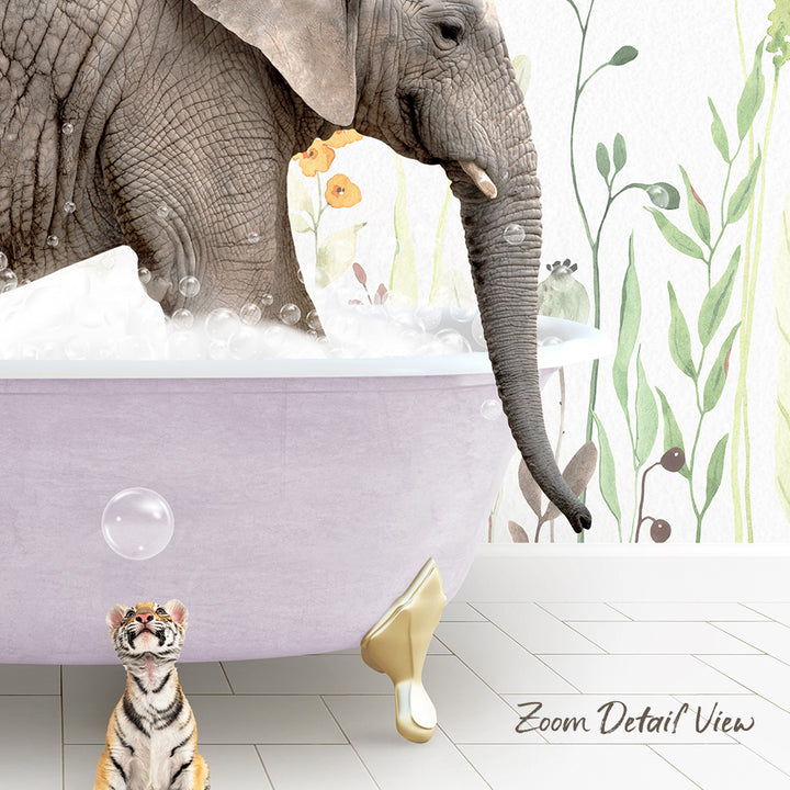 A tiger sits on the floor, watching an elephant taking a bath in a large purple bathtub, with a floral pattern on the wall behind them.