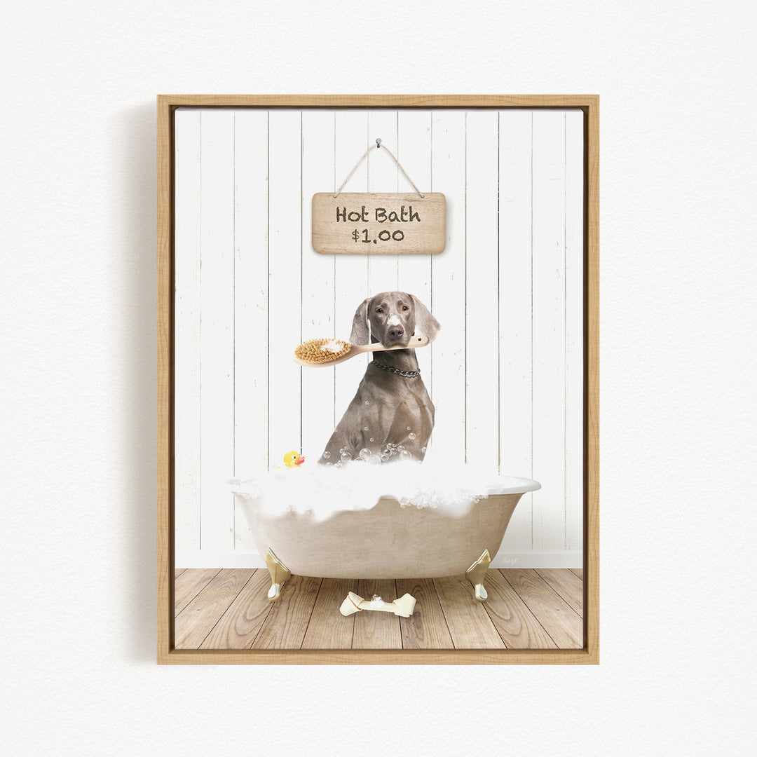 A dog sitting in a bathtub filled with bubbles, with a sign above the bathtub that reads "Hot Bath $1.00".