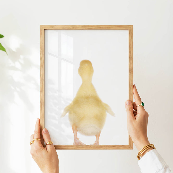 A person's hands are holding a wooden frame with a picture of a yellow duck inside it.