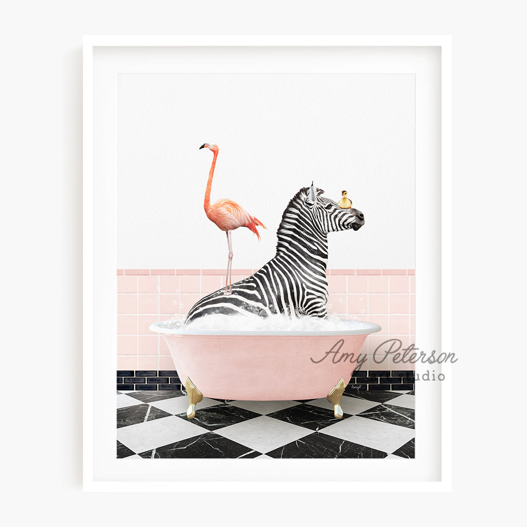 a picture of a zebra and a flamingo in a bathtub