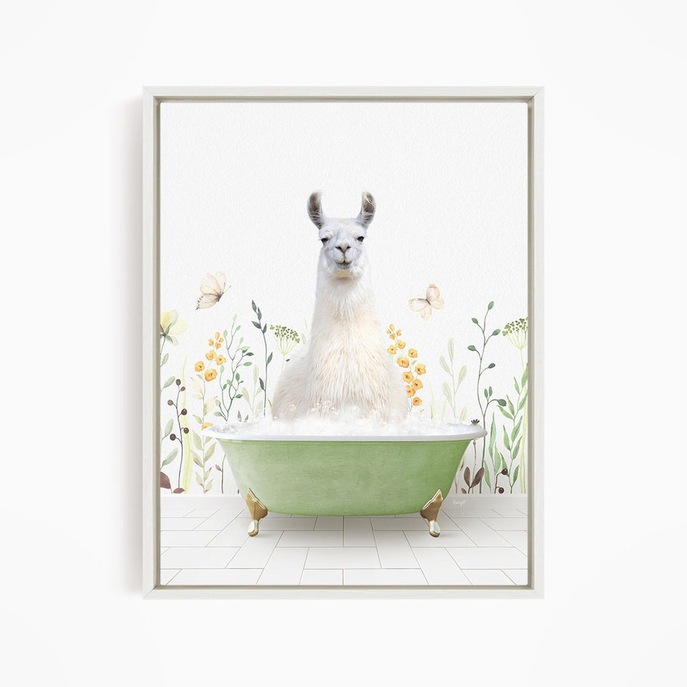 A white llama sitting in a green bathtub filled with bubbles, surrounded by flowers and butterflies.