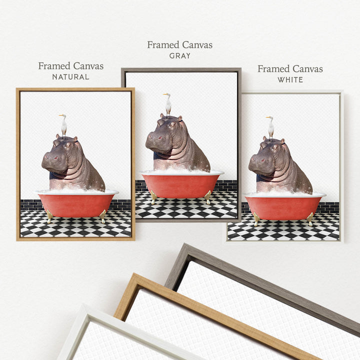 three framed pictures of a hippopotamus sitting in a bathtub, each with a different colored frame.