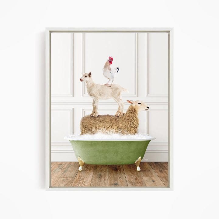 A white goat stands on a brown sheep in a green bathtub, with a rooster perched on top of the sheep.
