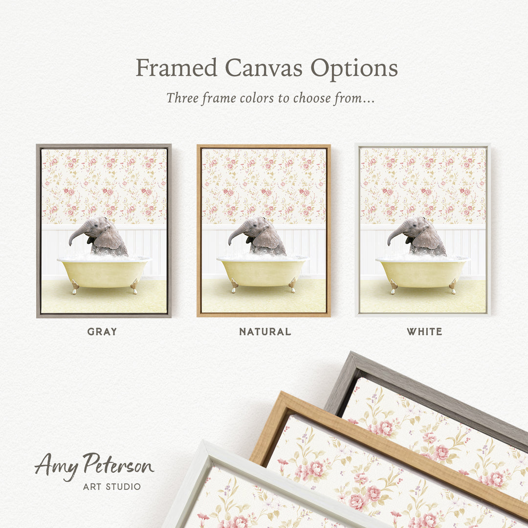 The image is a framed canvas option showcasing three different framed canvas options for a painting of an elephant in a bathtub.
