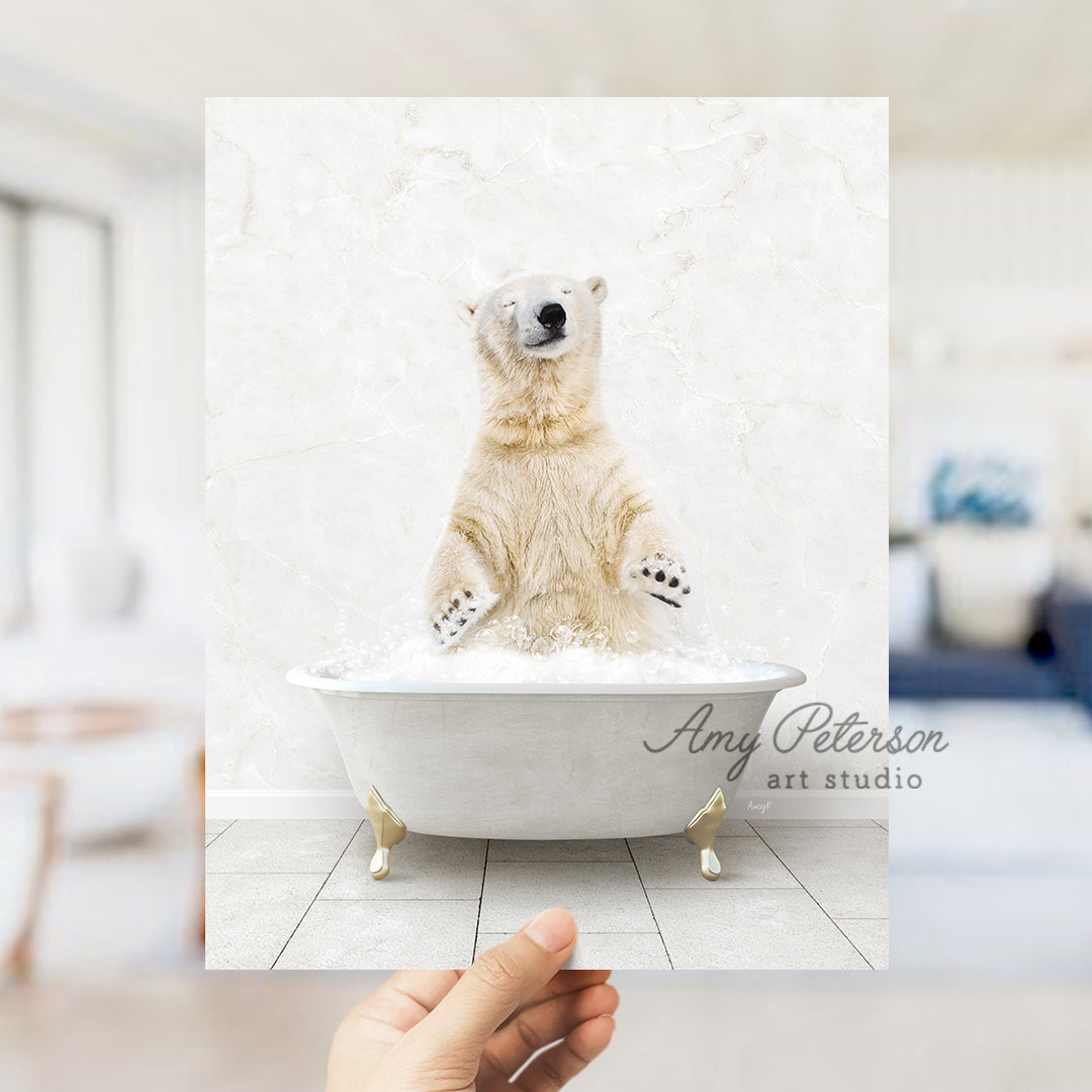 a polar bear sitting in a bath tub