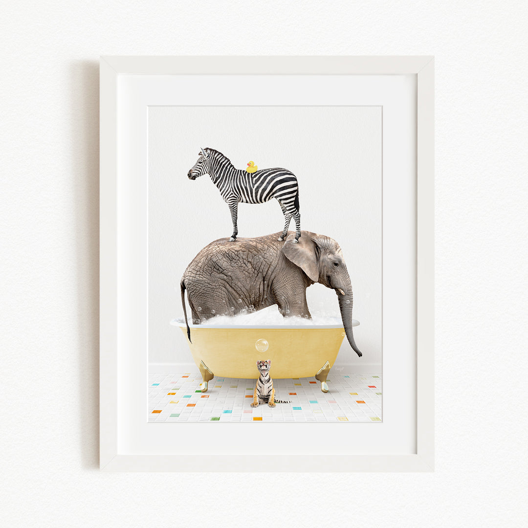 A zebra stands on top of an elephant in a yellow bathtub, with a small cat sitting on the edge of the tub.