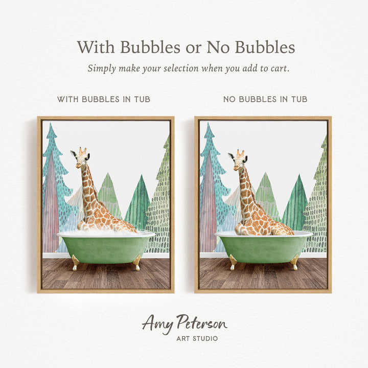 The image is a collage of two pictures featuring a giraffe sitting in a bathtub. The first picture shows the giraffe sitting in the tub with bubbles, while the second picture shows the giraffe sitting in the tub without bubbles.