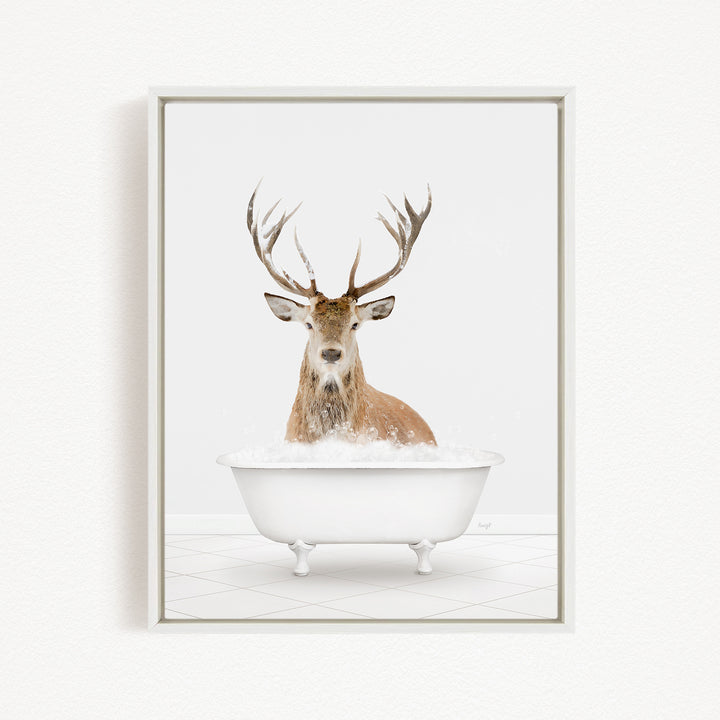A deer with large antlers is sitting in a white bathtub filled with water, creating a whimsical and unexpected scene.