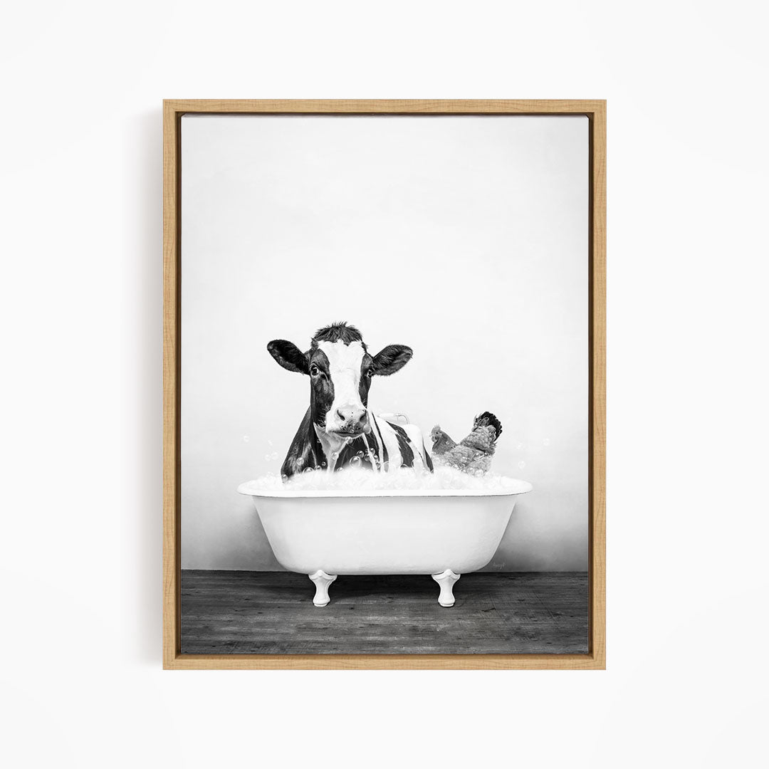 A black and white image of a cow sitting in a bathtub, with a chicken standing nearby.