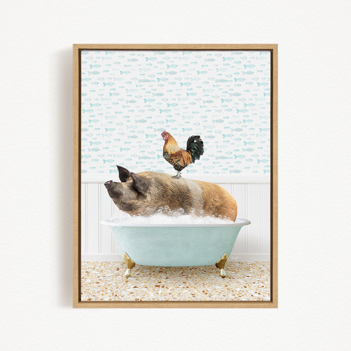 A rooster sits atop a pig in a bathtub, surrounded by a patterned wall and a speckled floor.