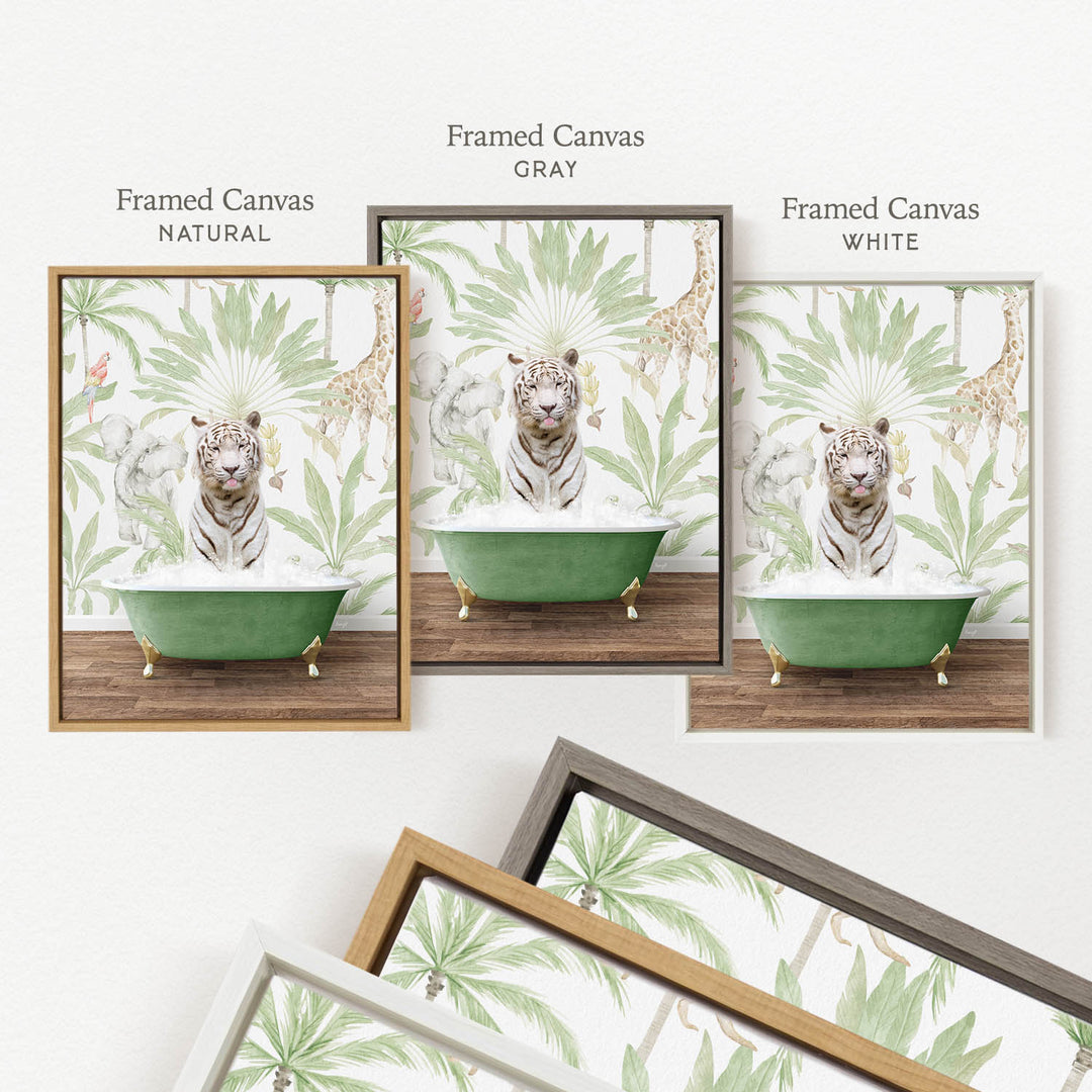 three framed prints of a tiger sitting in a green bathtub, surrounded by tropical foliage.