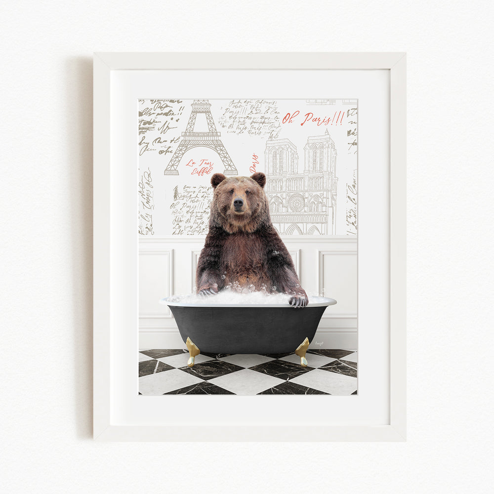 A brown bear sitting in a bathtub filled with water, with a Paris-themed background behind it.