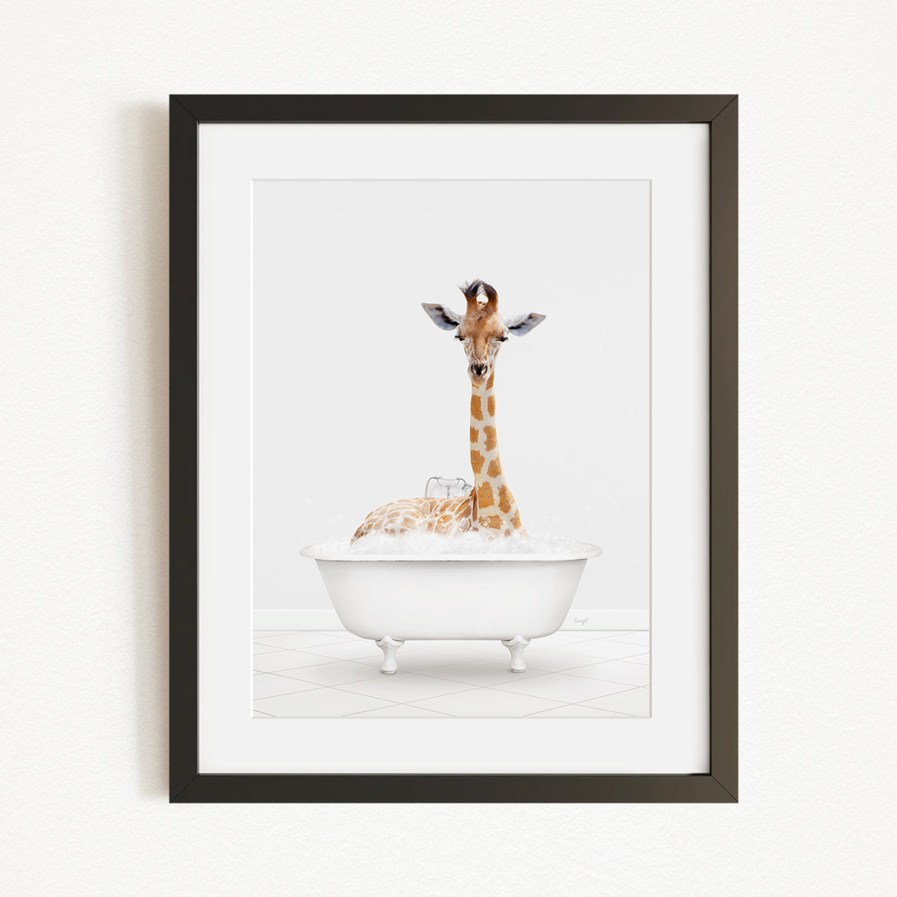 A giraffe sitting in a white bathtub filled with bubbles, looking directly at the camera.