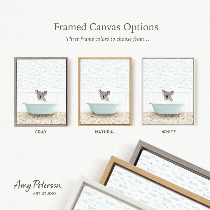 three framed canvas options, each featuring a koala bear in a bathtub. The options include a gray frame, a natural frame, and a white frame. The text above the images reads " Framed Canvas Options" and "Three frame colors to choose from...". The bottom of the image includes the text " Amy Peterson ART STUDIO".