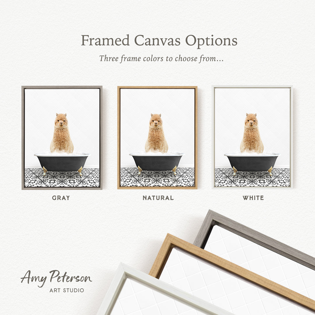 The image is a framed canvas option showcasing three different frame colors: gray, natural, and white. The canvas features a brown dog sitting in a bathtub, and the frame color options are displayed below the canvas.