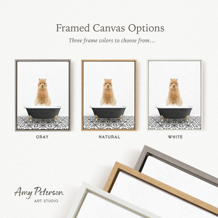 The image is a framed canvas option showcasing three different frame colors: gray, natural, and white. The canvas features a brown dog sitting in a bathtub, and the frame color options are displayed below the canvas.