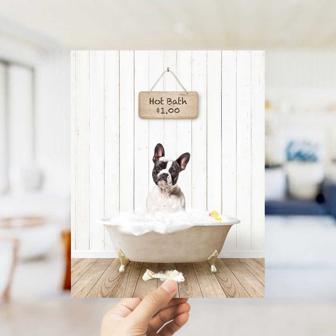 A French Bulldog sitting in a bathtub filled with bubbles, with a sign above the tub that reads "Hot Bath $1.00".