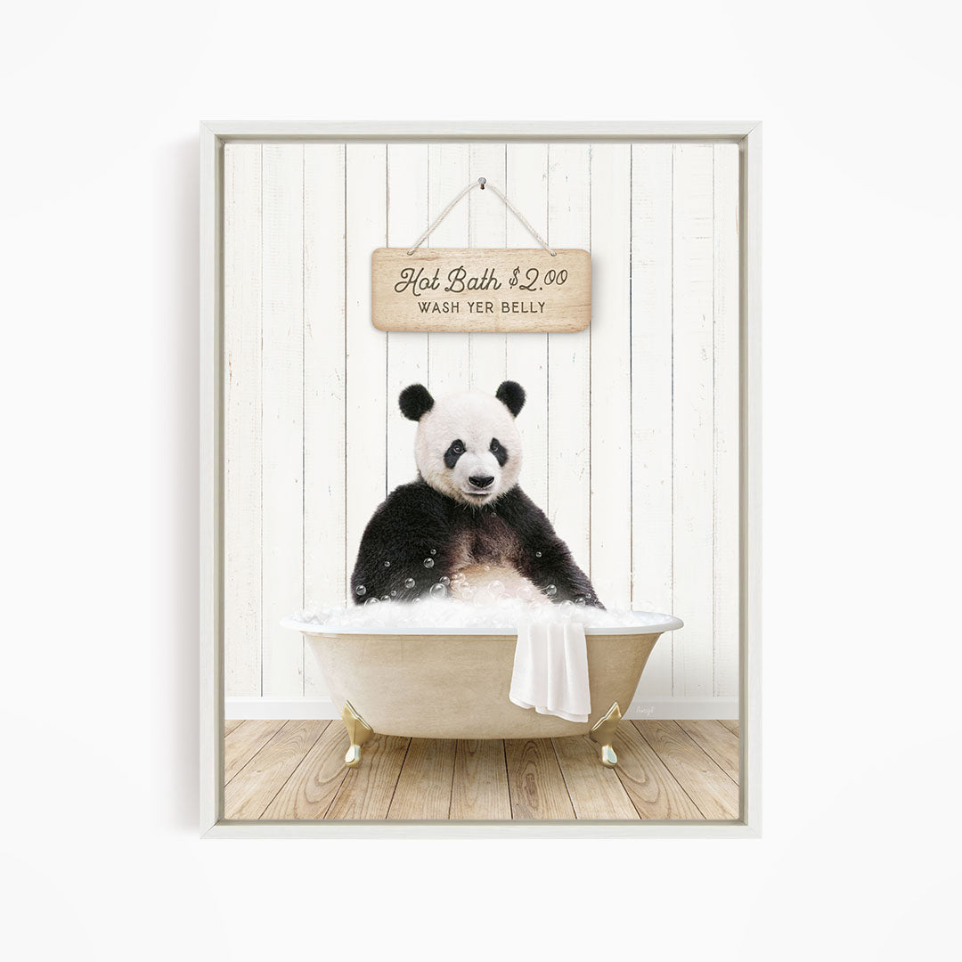 A panda bear sitting in a bathtub, with a sign above that reads "Hot Bath $2.00 WASH Belly".