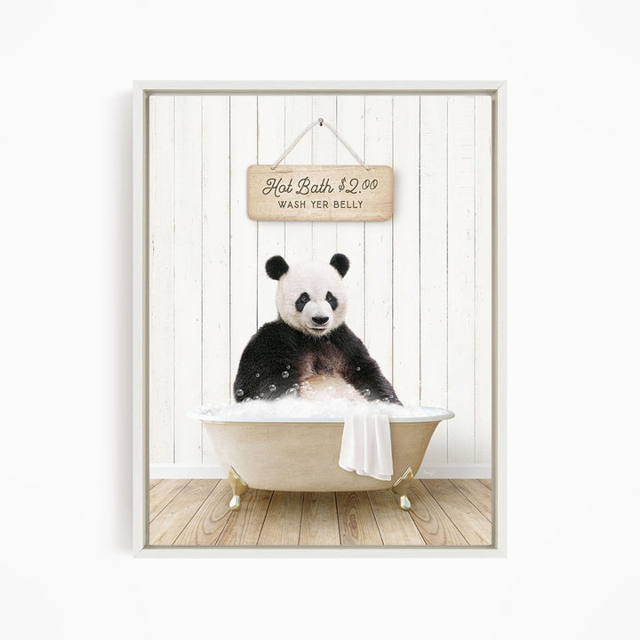 A panda bear sitting in a bathtub, with a sign above that reads "Hot Bath $2.00 WASH Belly".