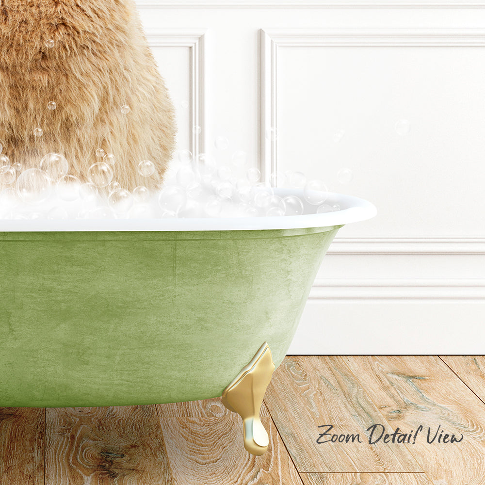 A cat is sitting in a green bathtub filled with bubbles, with a wooden floor visible in the background.
