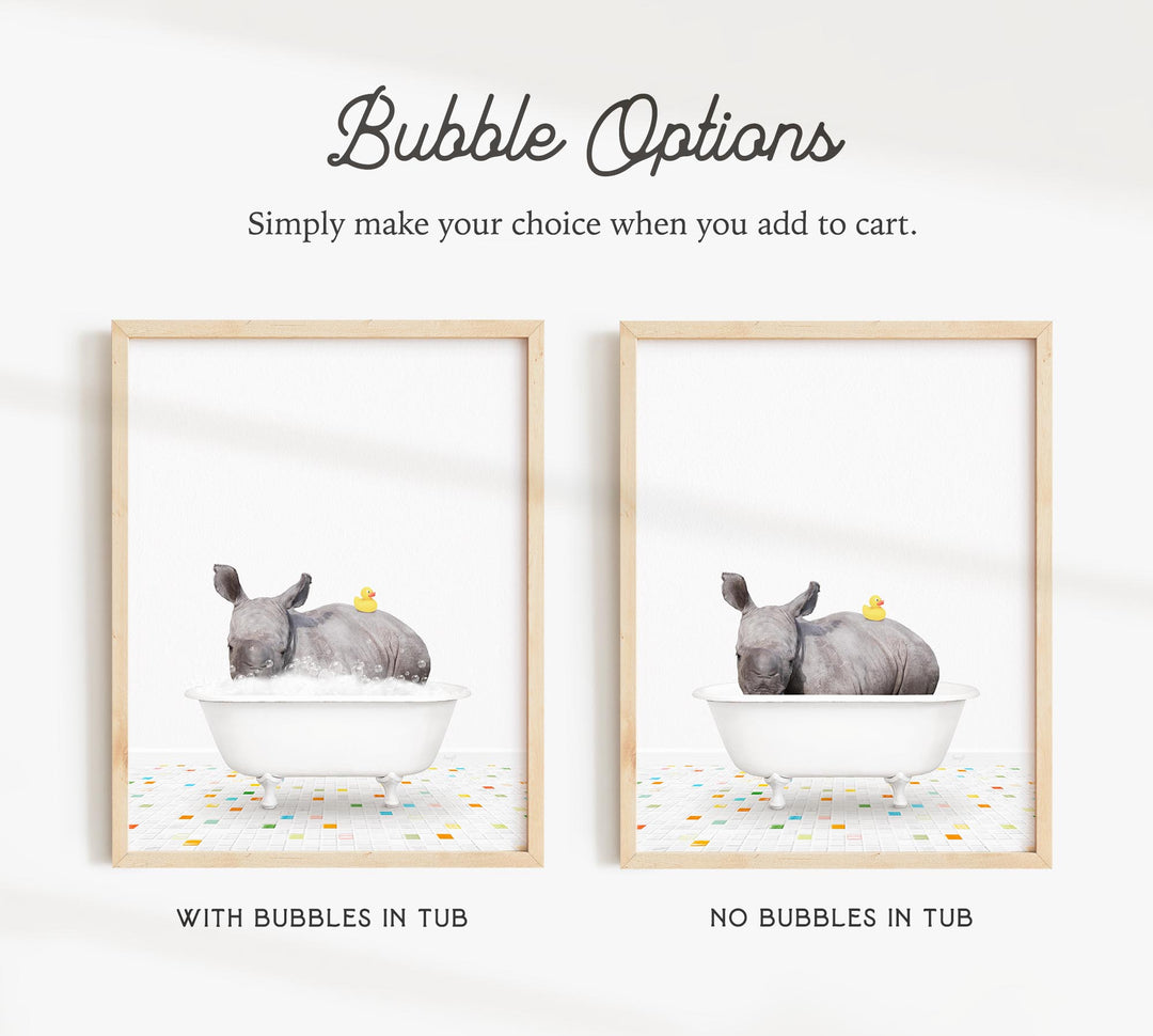 a picture of a rhino in a bathtub with bubbles in it