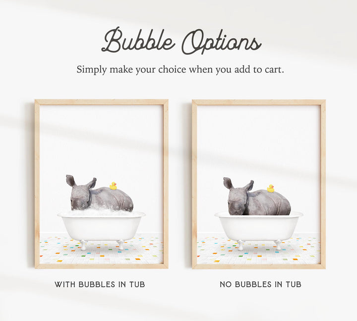 a picture of a rhino in a bathtub with bubbles in it