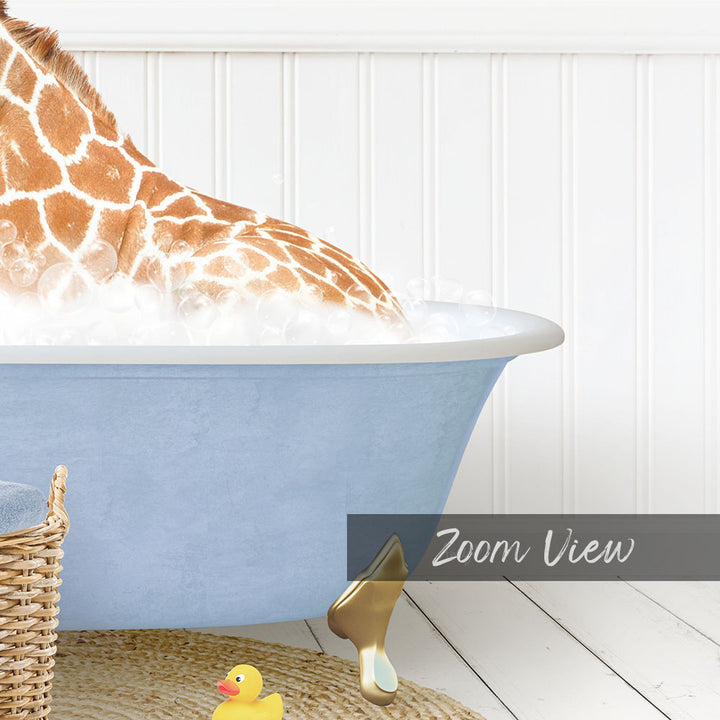 A giraffe is sitting in a blue bathtub filled with water, surrounded by a yellow rubber duck and a basket.