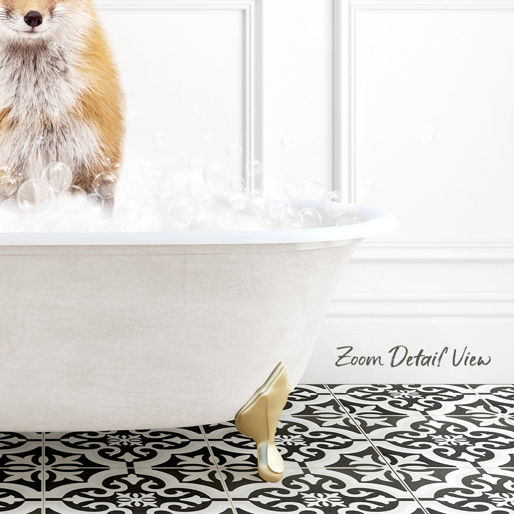 A fox standing in a bathtub filled with bubbles, with a black and white patterned floor in the background.