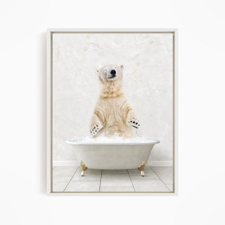 A polar bear standing in a white bathtub filled with water, appearing to be enjoying a bath.